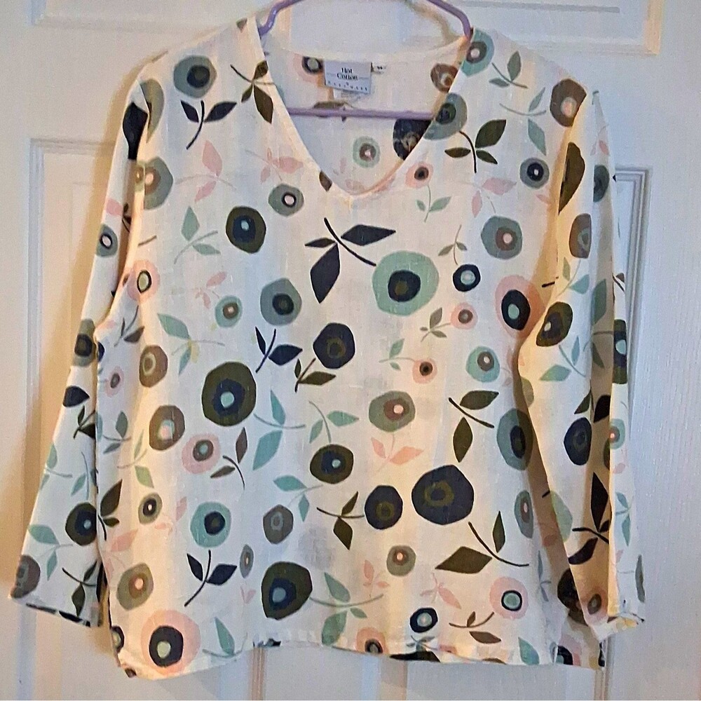 Hot Cotton Linen Top Womens Medium M V-Neck Floral Abstract Coastal Boxy EUC
